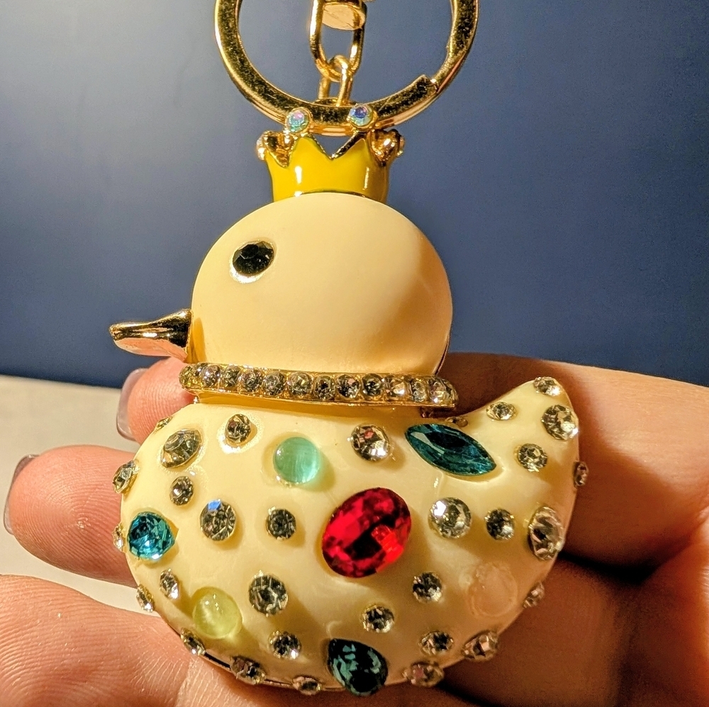 Jeweled "Rubber Ducky" Keychain with Crown Pastel Yellow - Picture 5 of 7